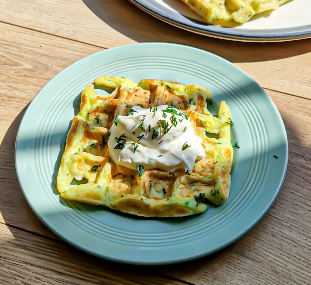 Savoury zucchini waffle served on a plate topped with creamy Greek yogurt and fresh chopped dill.